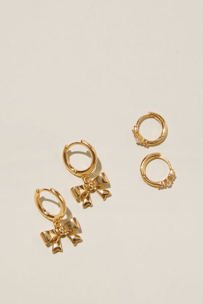 2Pk Mid Earring, GOLD PLATED BOWS