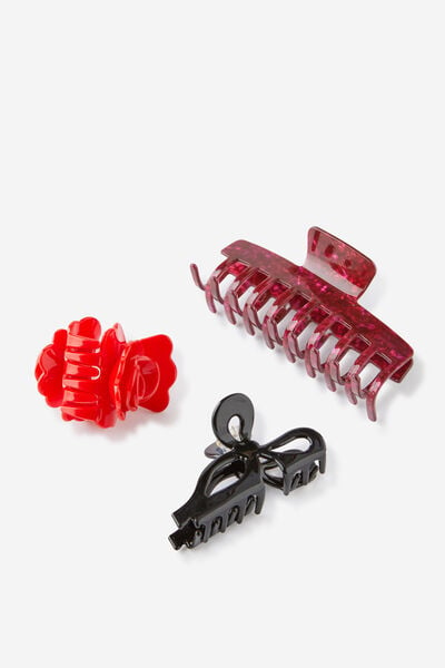 3Pk Hair Claw, RED/BLACK