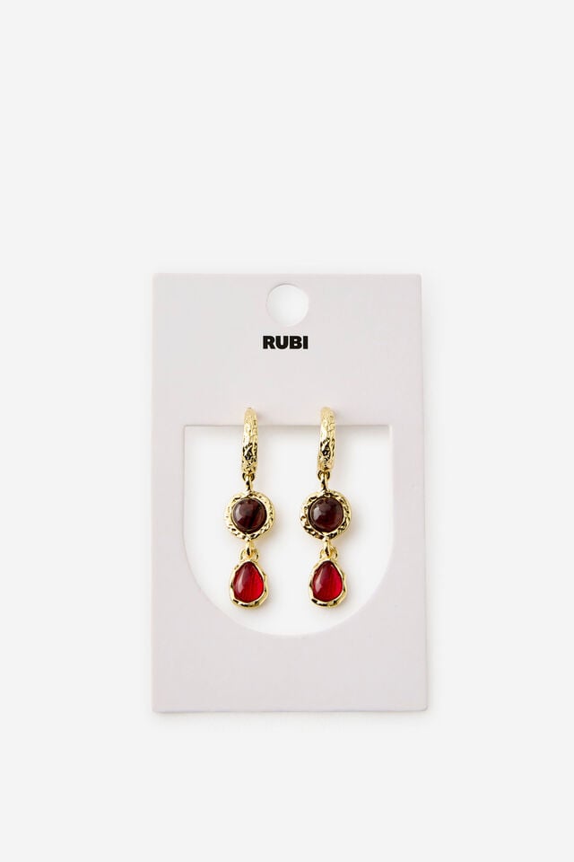 Charm Hoop Earring, GOLD BURGUNDY TIGERS EYE STONES