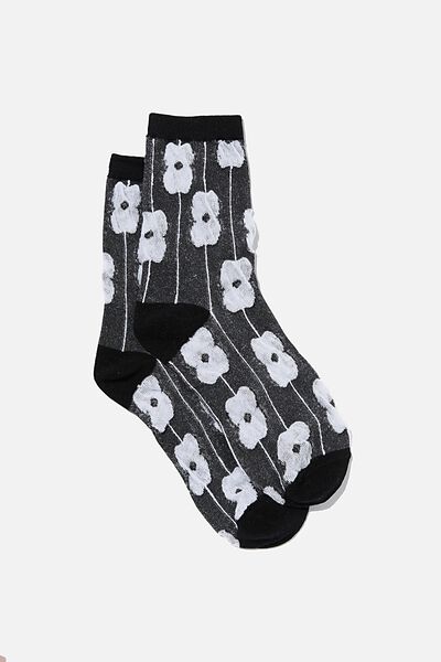 Textured Crew Sock, BLACK ABSTRACT FLORAL