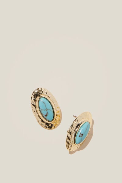 Mid Charm Earring, GOLD PLATED TURQUOISE STONE OVAL
