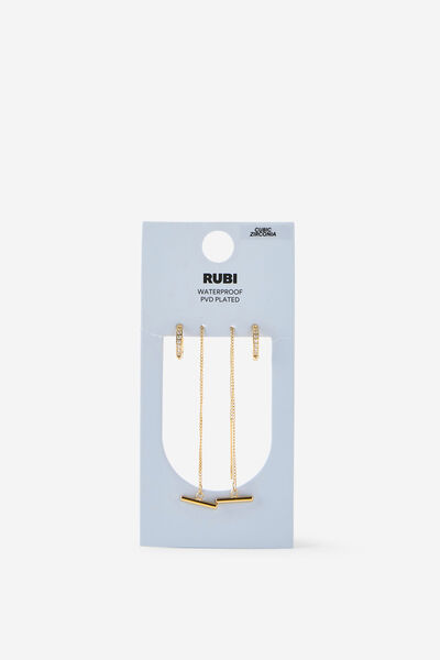 Waterproof 2Pk Mid Earring, GOLD THREADER T BAR DIA HUGGIE
