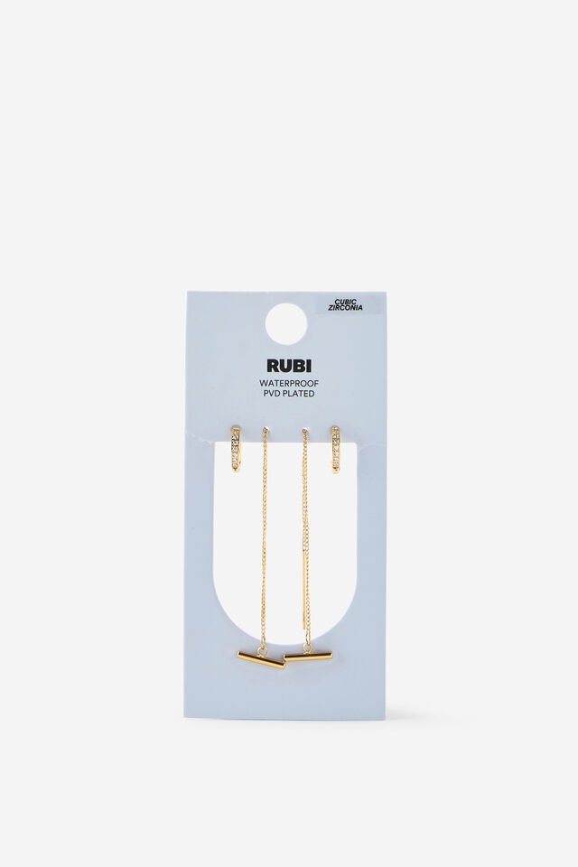Waterproof 2Pk Mid Earring, GOLD THREADER T BAR DIA HUGGIE