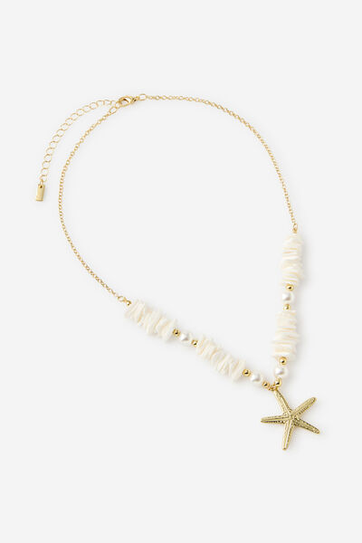 Pendant Necklace, GOLD PEARL SHELL CHIPS STARFISH