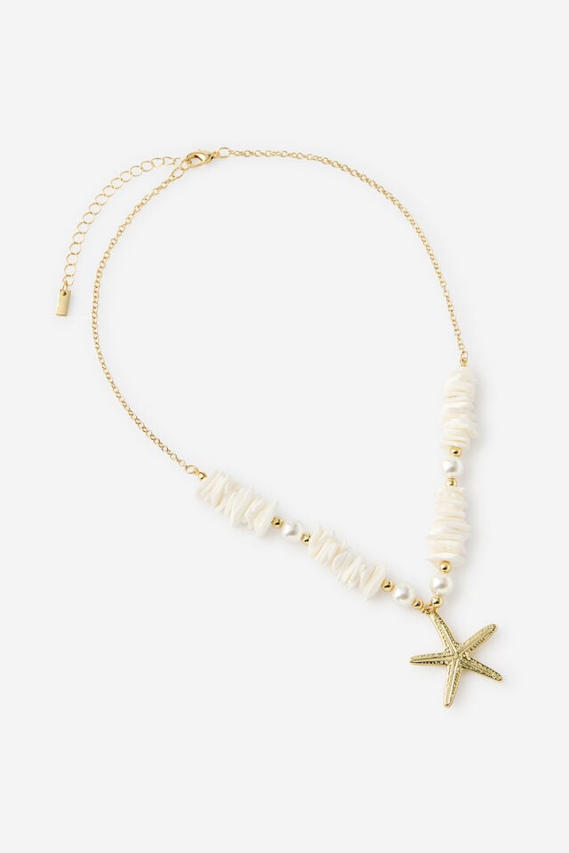 Pendant Necklace, GOLD PEARL SHELL CHIPS STARFISH
