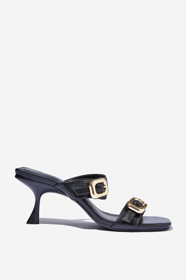 Alice Double Buckle Mule, BLACK/GOLD SMOOTH