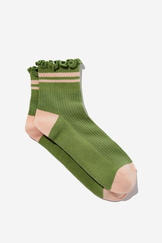 Frill Ribbed Quarter Crew Sock, DUSTY MINT/PALE PINK STRIPES