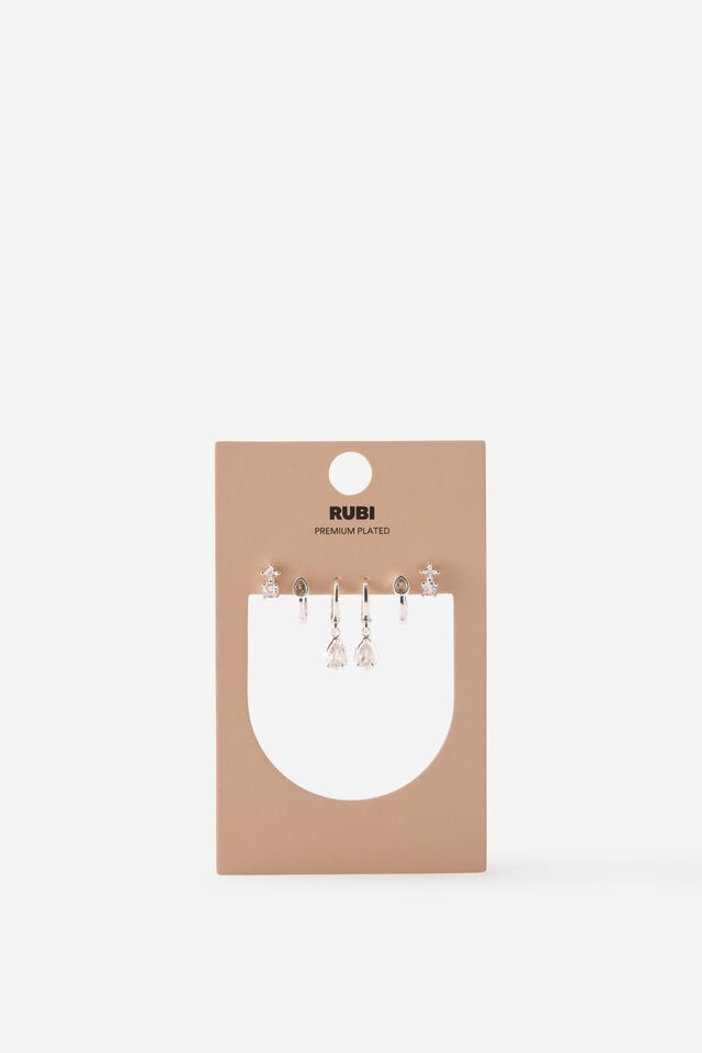 Premium Plated 3Pk Small Earring, SILVER DIA DROP CLUSTER