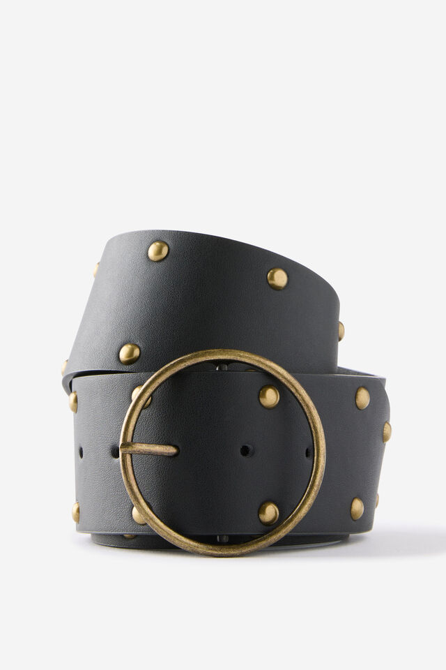 Tessa Belt, WIDE/BLACK PU/BRUSHED GOLD STUDS