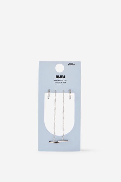 Waterproof 2Pk Mid Earring, SILVER THREADER T BAR DIA HUGGIE