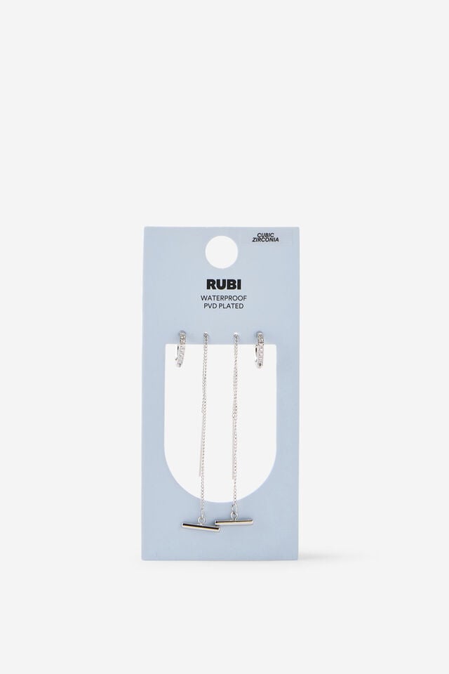 Waterproof 2Pk Mid Earring, SILVER THREADER T BAR DIA HUGGIE