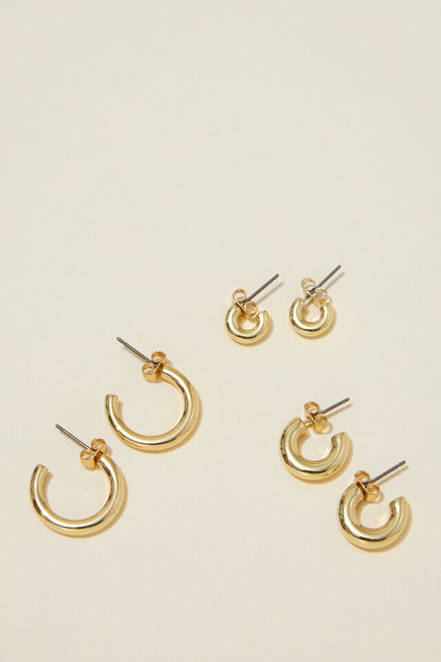 Brinco - 3Pk Mid Earring, GOLD PLATED CLASSIC