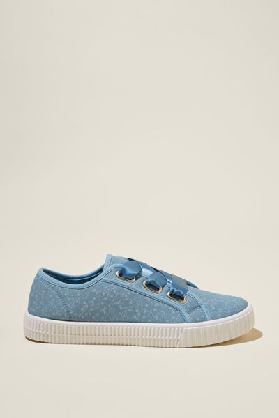 Poppy Ribbon Lace Up Plimsoll, BLUE FLORAL