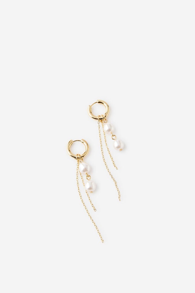 Charm Hoop Earring, GOLD PEARL CHAIN DROP