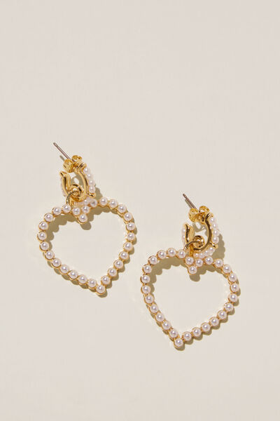Mid Charm Earring, GOLD PLATED PEARLS HEART