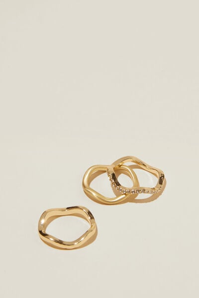 Anel - Multipack Rings Fine, GOLD  PLATED WAVY & DIAMANTE