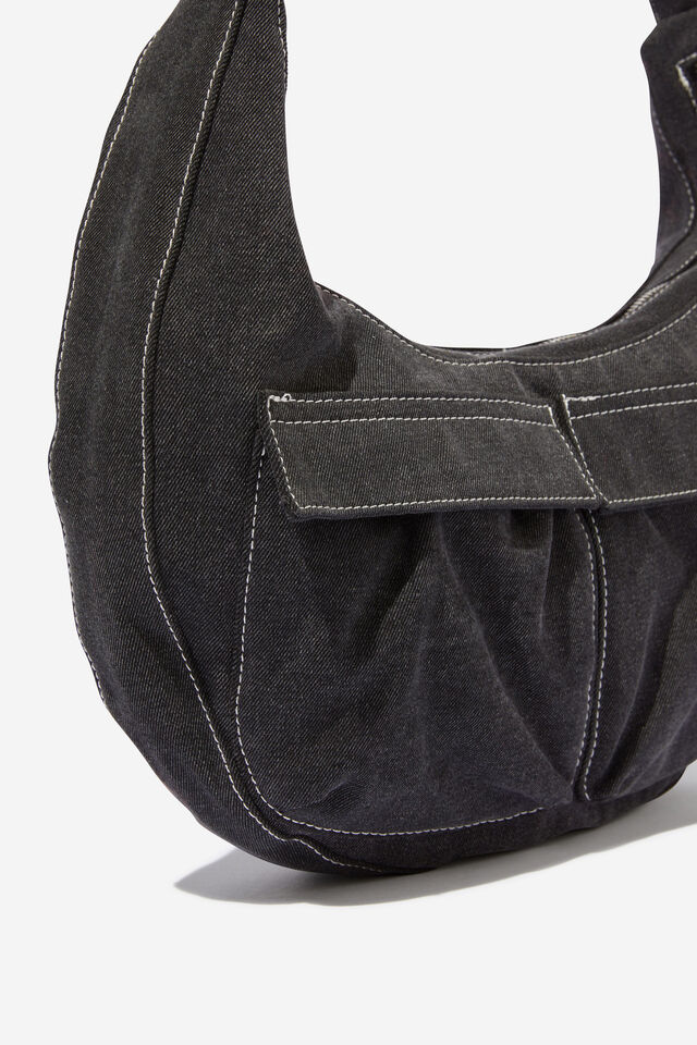 Bowie Crescent Cross Body Bag, WASHED BLACK DENIM/POCKETS