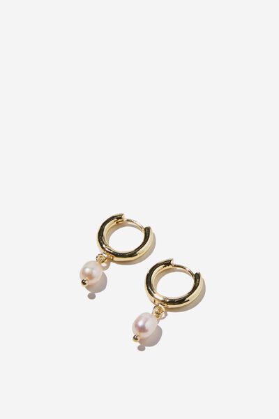 Brinco - Premium Huggie Hoop Gold Plated, GOLD PLATED CHUNKY PEARL DROP