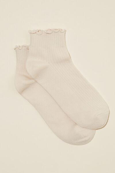 Frill Ribbed Ankle Sock, SAND STONE