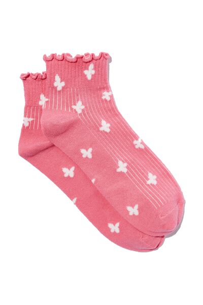 Frill Ribbed Ankle Sock, RETRO PINK BUTTERFLIES