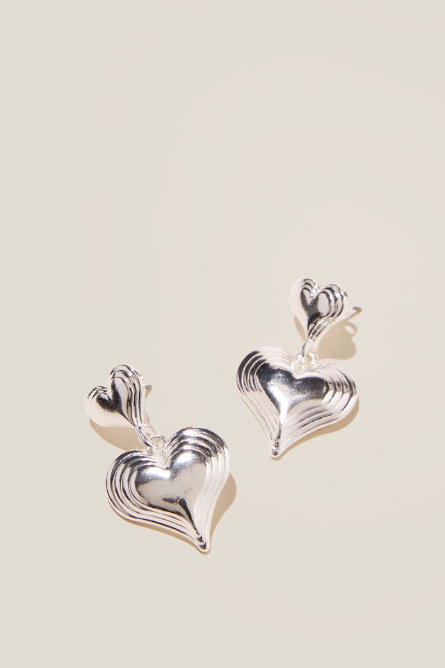 Mid Charm Earring, SILVER PLATED DOUBLE HEARTS