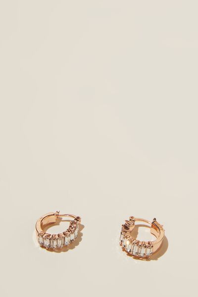 Small Hoop Earring, ROSE GOLD PLATED DIA BAGUETTE STONE