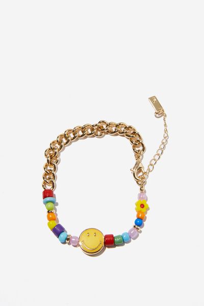 Premium Beaded Bracelet Gold Plated, LCN SMILEY GOLD PLATED CURB MULTI BEADS