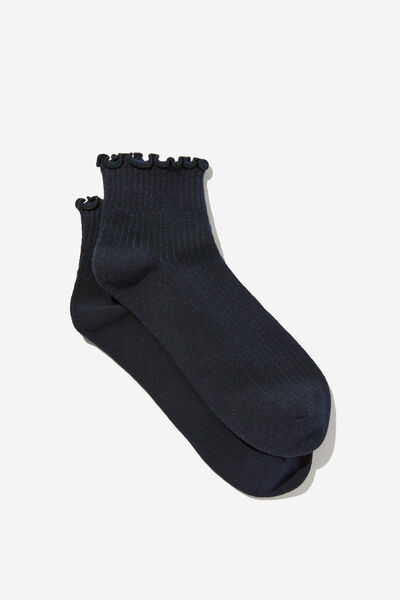 Frill Ribbed Ankle Sock, NAVY