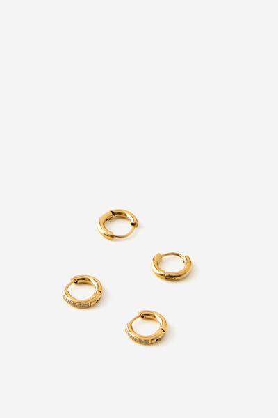 Waterproof 2Pk Small Earring, GOLD CUBIC ZIRCONIA HUGGIES