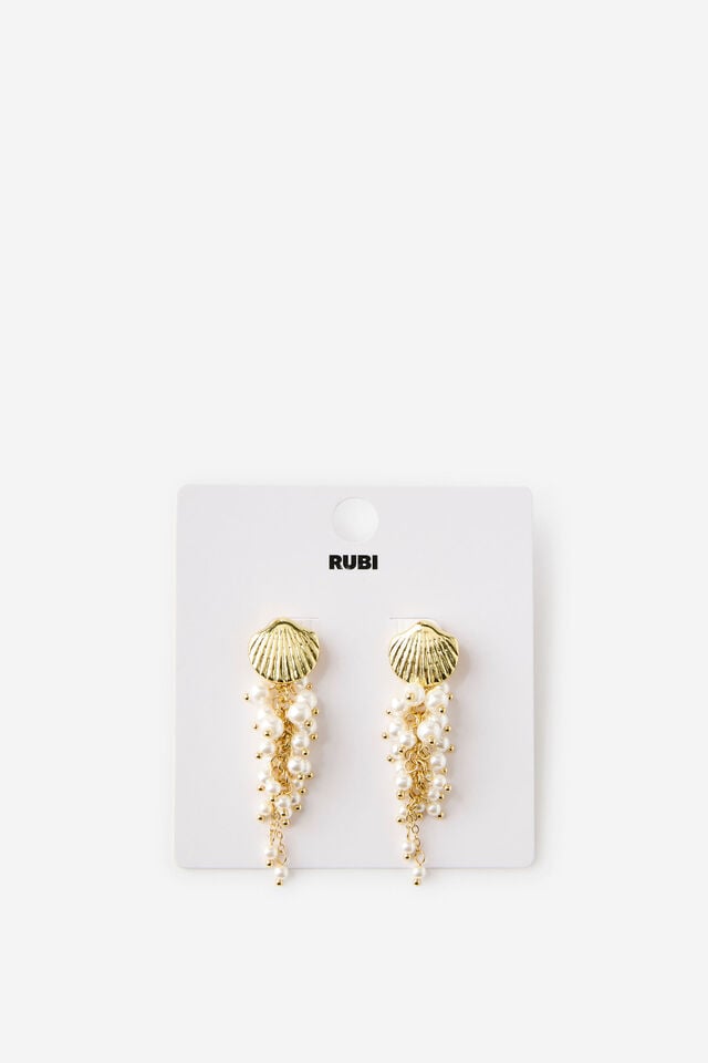 Mid Charm Earring, GOLD SHELL PEARL DROP STRANDS