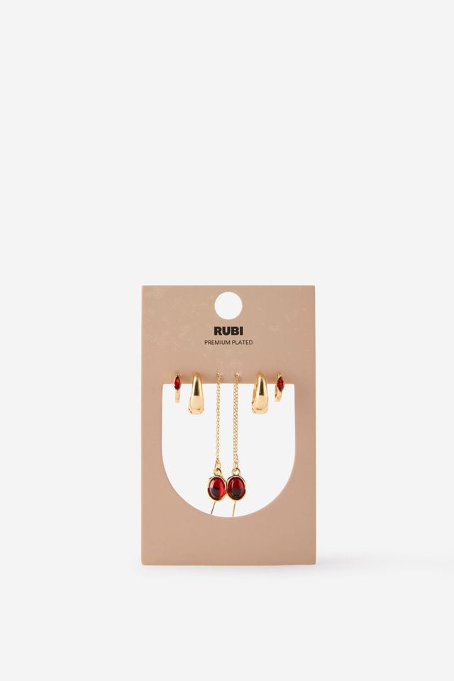 Premium Plated 3Pk Mid Earring, GOLD BURGUNDY DROP THREADER