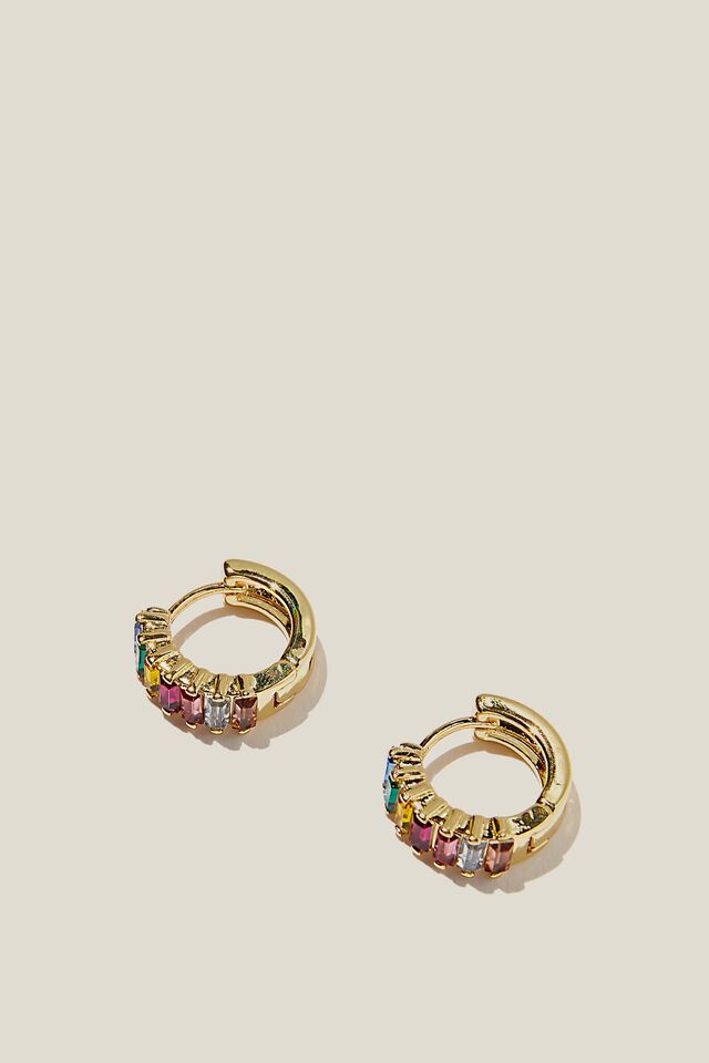 Small Hoop Earring, GOLD PLATED RAINBOW BAGUETTE