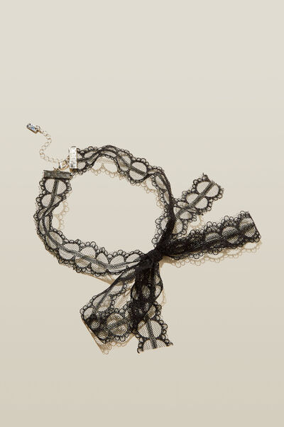 Choker Necklace, SILVER PLATED BLACK LACE BOW CHOKER