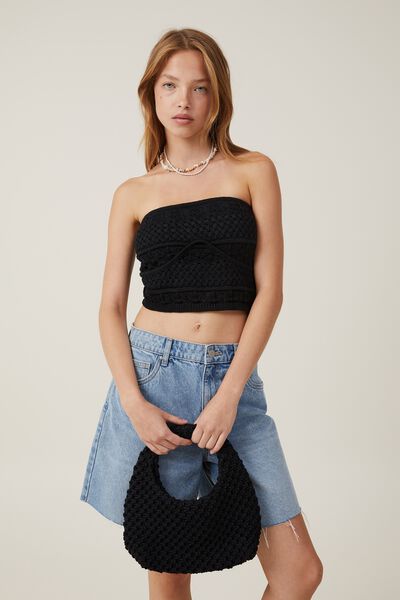 Crochet Mini Shoulder Bag, BLACK