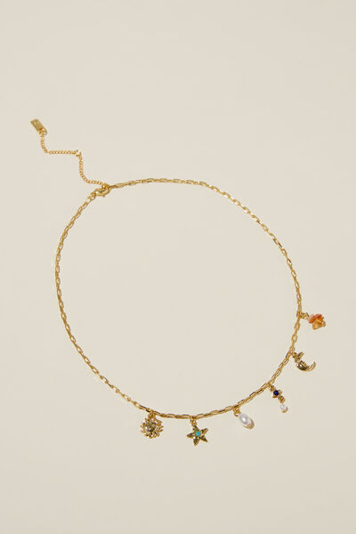 Pendant Necklace, GOLD PLATED CELESTIAL CHARMS