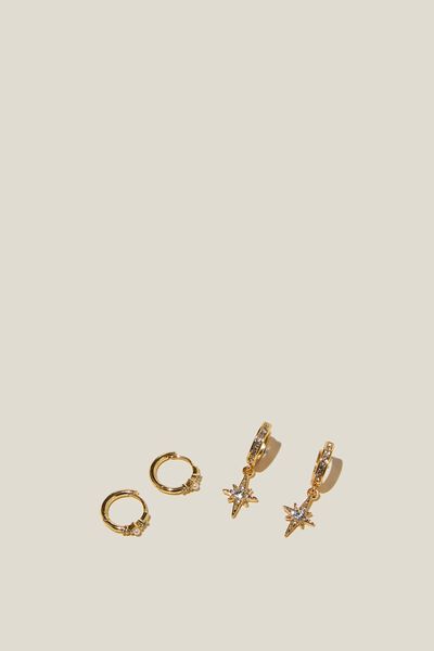 2Pk Mid Earring, GOLD PLATED DIA PEARL NORTH STAR