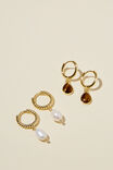 2Pk Mid Earring, GOLD PLATED TIGERS EYE & PEARL - alternate image 1