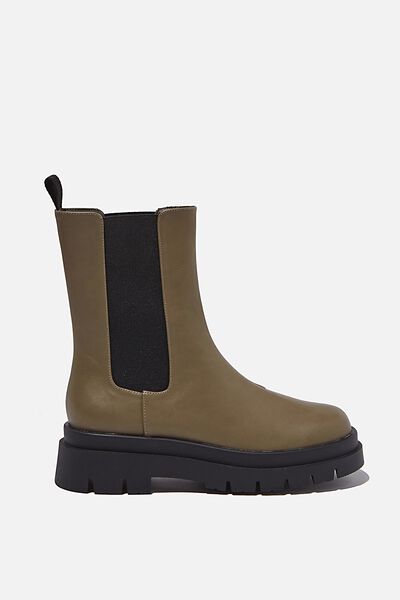 Maze Combat Midi Gusset Boot, OLIVE GREEN SMOOTH