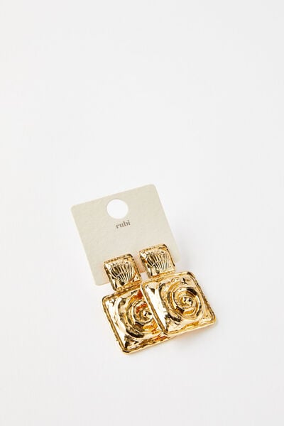 Brinco - Mid Charm Earring, UP SQUARE DOUBLE DROP SWIRL GOLD