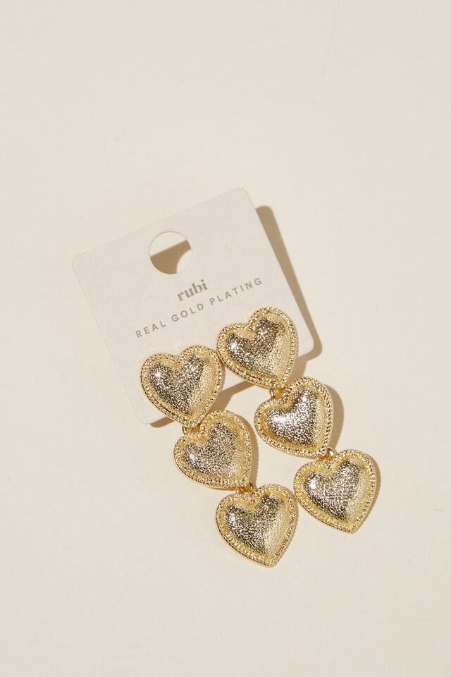 Mid Charm Earring, GOLD PLATED DROP TRIO HAMMERED HEART
