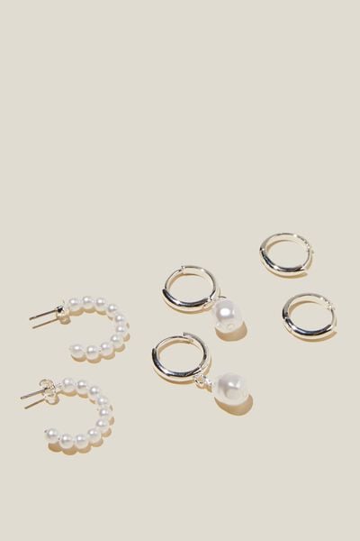 3Pk Mid Earring, STERLING SILVER PLATED PEARL
