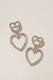 Mid Charm Earring, SILVER PLATED DIAMANTE DOUBLE HEART - alternate image 1