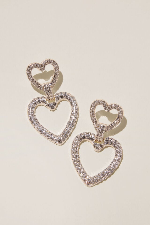 Mid Charm Earring, SILVER PLATED DIAMANTE DOUBLE HEART