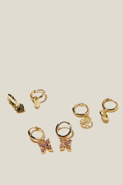 3Pk Mid Earring, GOLD PLATED PINK DIA BUTTERFLY