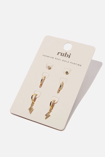 The Perfect Earrings Stack Gold Plated, GOLD PLATED LIGHTNING BOLT