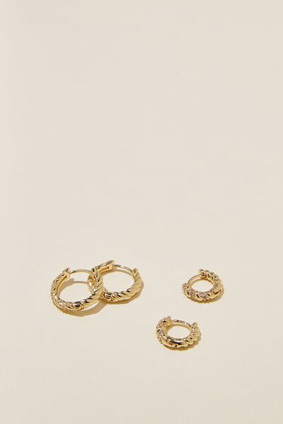 2Pk Mid Earring, GOLD PLATED DIA TWIST HOOPS