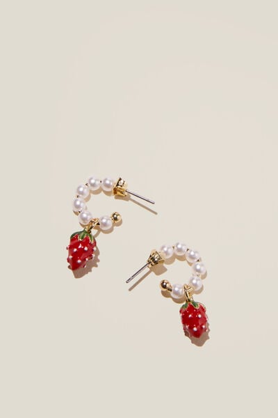 Small Hoop Earring, GOLD PLATED ENAMEL STRAWBERRY PEARL