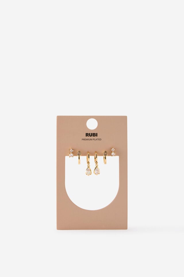 Premium Plated 3Pk Small Earring, GOLD DIA DROP CLUSTER