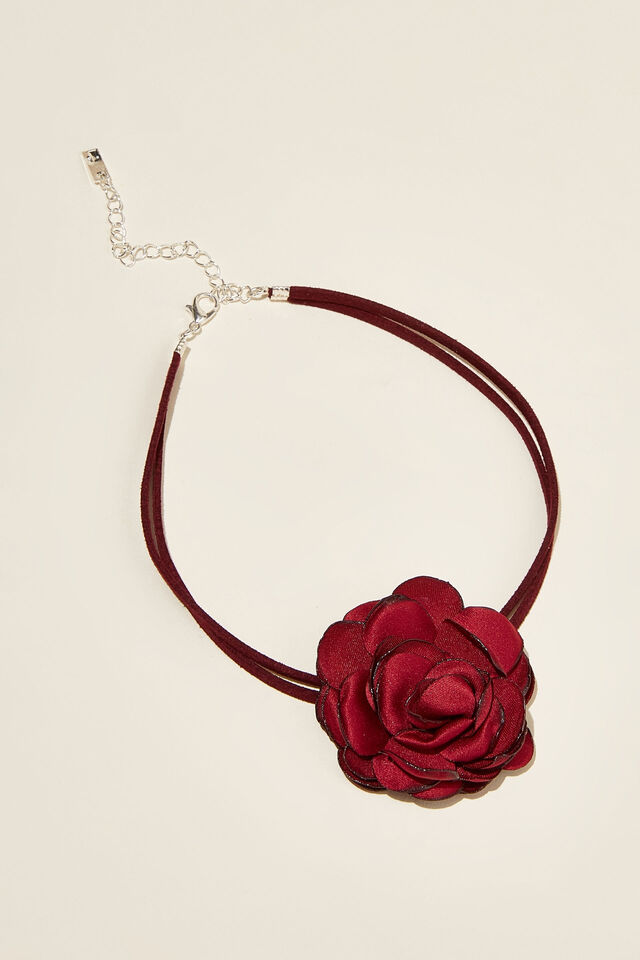 Choker Necklace, SILVER PLATED BURGUNDY CORSAGE ROSE