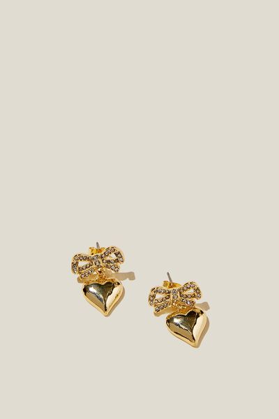 Small Charm Earring, GOLD PLATED DIA BOW HEART